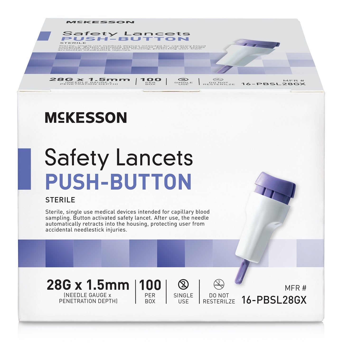 Safety Lancet, 28 Gauge 1.5 mm, Push Button Activation - 100 count